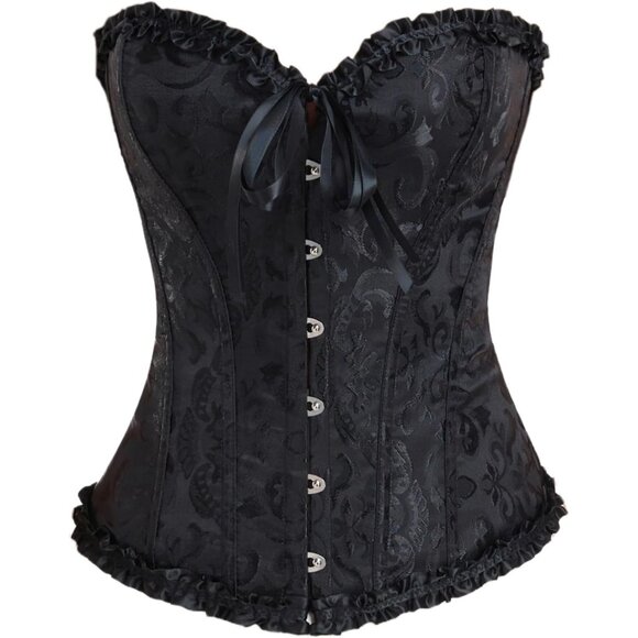 Women Black Lace Up Boned Overbust Corset Top Bustier Lingerie Bodysuit - Picture 1 of 6